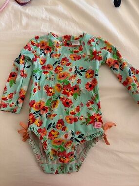 Baby Floral Long Sleeve Swimsuit - Turquoise with Coral Floral